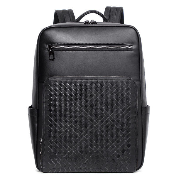 Ba lô nam da bò thật dệt đan, ngăn đựng laptop 15,6 inch, dung tích lớn — Màu đen