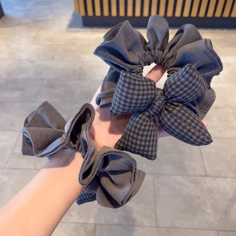 撞色海绵蝴蝶结格纹发圈百搭发绳丸子头皮筋头绳褶皱头花发饰批发|undefined