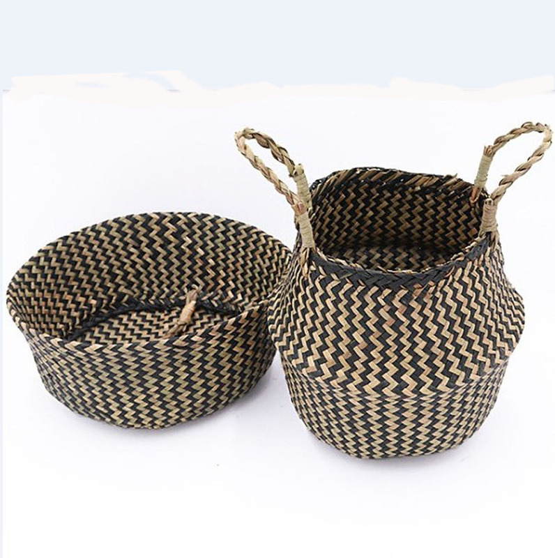 Straw storage basket cosmetic bag laundry basket household supplies foldable floral flower basket big belly basket home storage