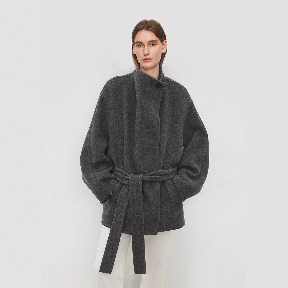 Th~Row Relaxed Back Bag Front Silhouette_Italian Double-Layer Cashmere Wool/Double-Sided Woolen Oblique Placket 2-Wear Collar Coat