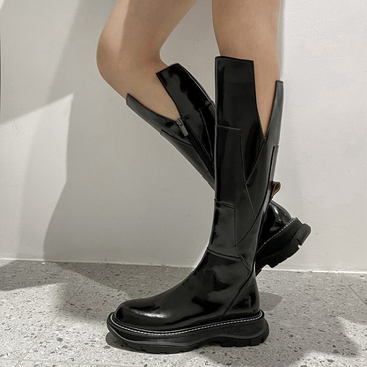 But Knee-high Boots Women's Patent Leather Wedge Heel Boots Thick-soled Puffin Patent Leather Long Knight Boots Women's Thick-soled Knee-high Boots