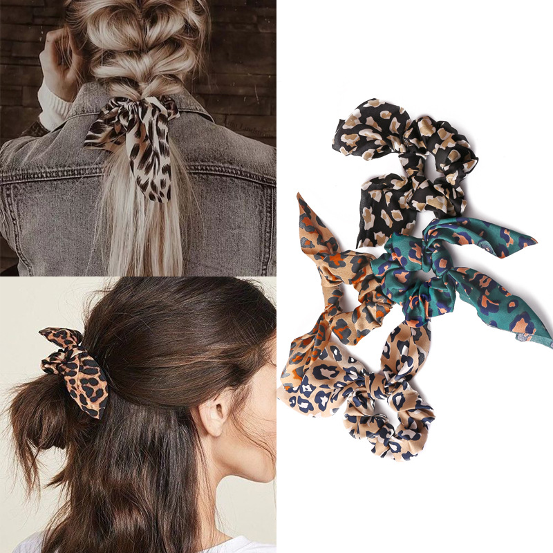641401 Han Zhishang European and American New Rabbit Ears Leopard Print Large Intestine Ring for Women Aliexpress Amazon Hair Tie