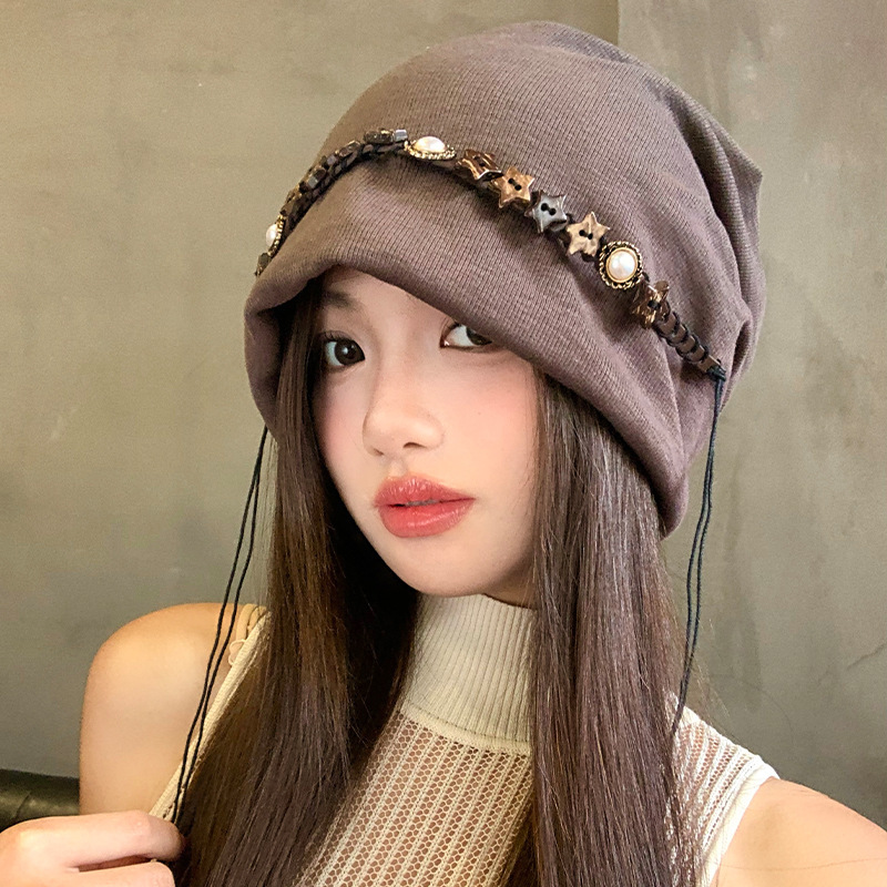 韩系星星串珠流苏堆堆帽秋冬百搭复古包头帽子女防风保暖护耳冷帽|undefined