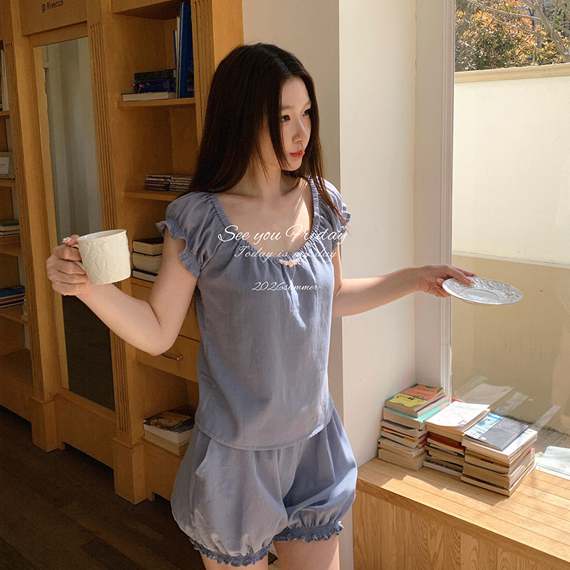 Ballet-Style Sweet Short-Sleeved Gathered Pajama Set 2026 Summer New Product with Lining, Soft and Suitable for Wearing Outside as Loungewear Ballet-Style Sweet Short-Sleeved Gathered Pajama Set 2026 Summer New Product with Lining, Soft and Suitable for Wearing Outside as Loungewear
