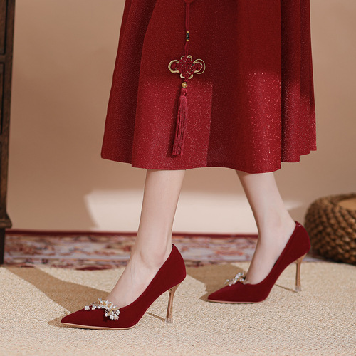 Red Chinese xiuhe dresses bride Wedding Shoes Female Xiuhe Wedding Dress, Two Wears High Heels, French Single Shoes