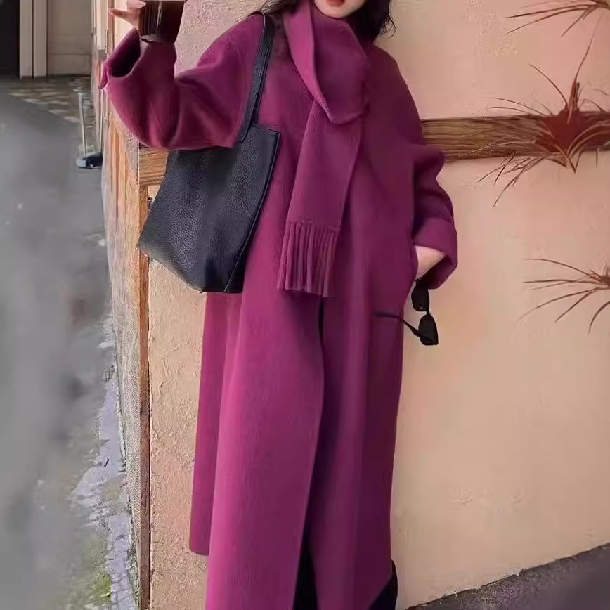 Retro elite purple double-sided long demi-season scarf with tassels…