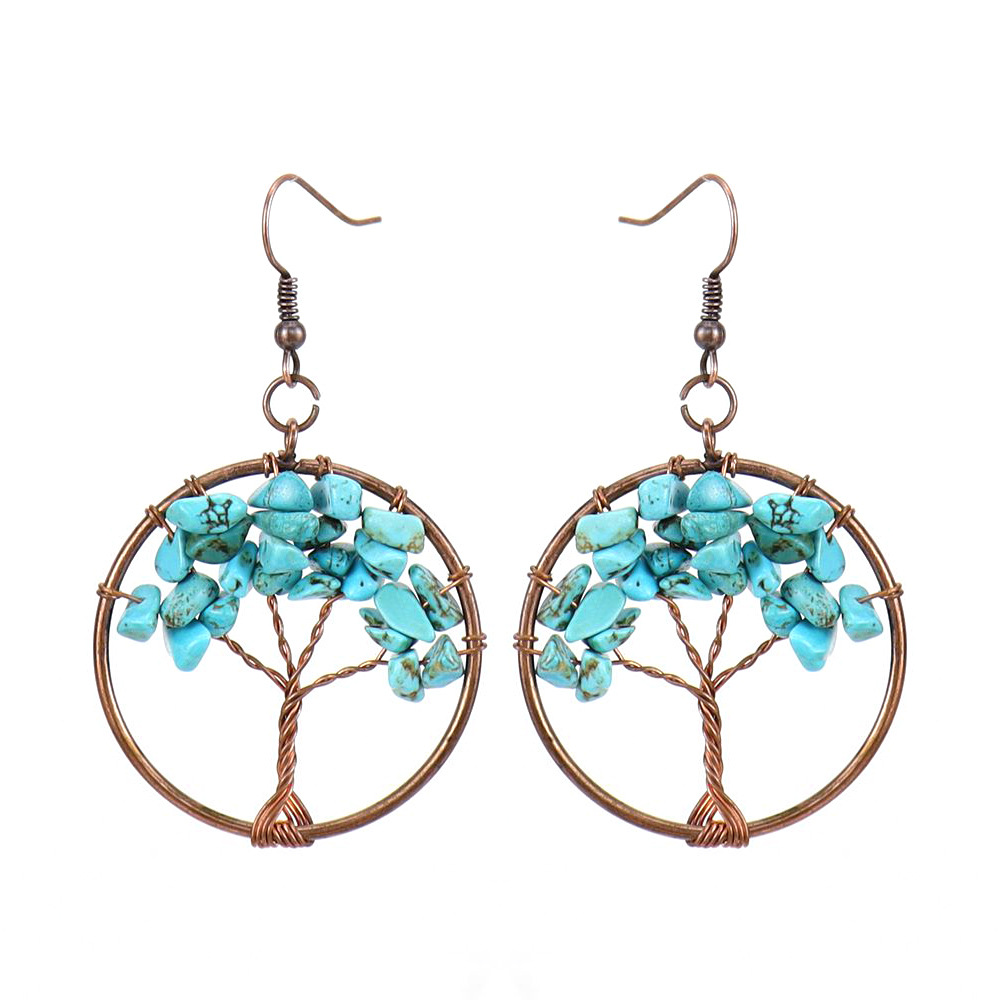 1 Pair Ethnic Style Pastoral Tree Hollow Out Natural Stone Copper Drop Earrings display picture 5