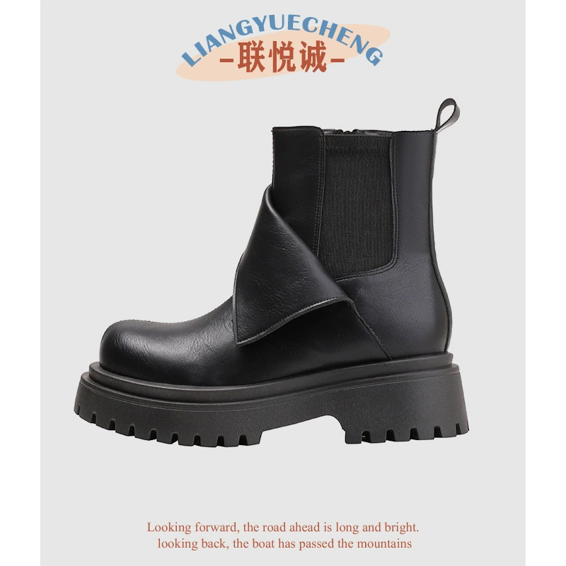 Толстые сапоги с круглой головой на каблуках женские толстые подошвы эластичные сапоги челси ремень пряжка сапоги дикий дым сапоги женские ретро Мартин сапоги