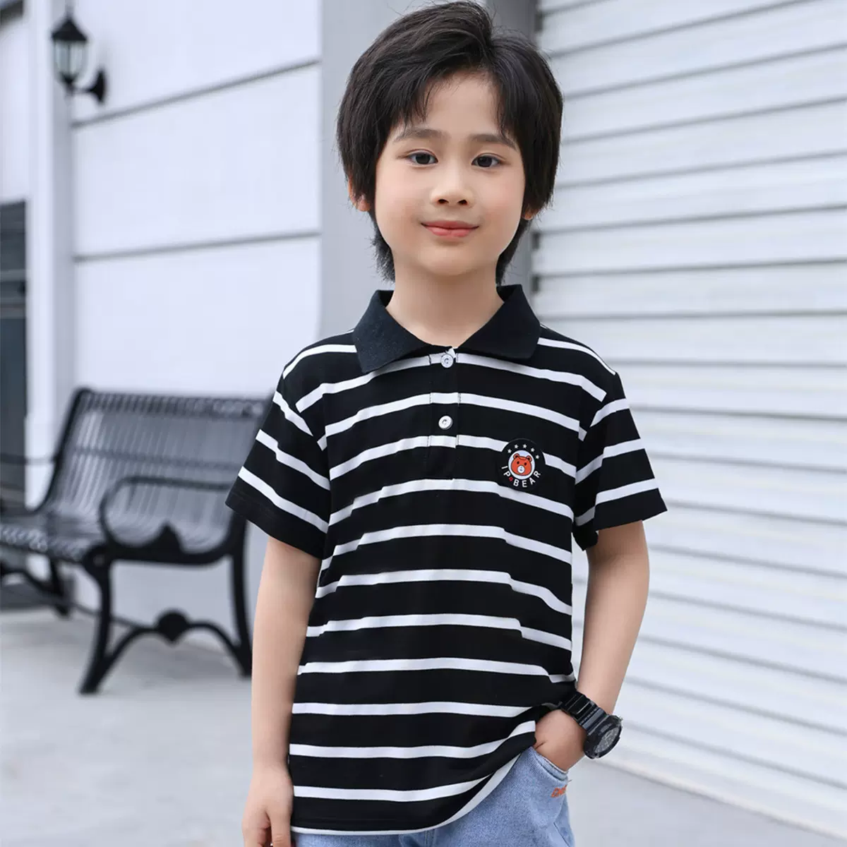 儿童短袖T恤莫代尔圆领上衣夏季翻领POLO衫男童薄款条纹打底衫