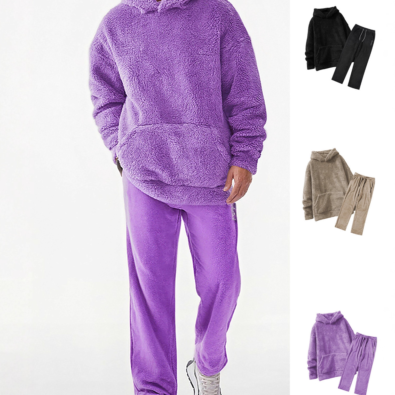 男士卫衣秋冬新款外贸跨境外连帽休闲宽松时尚个性卫衣珊瑚绒套装