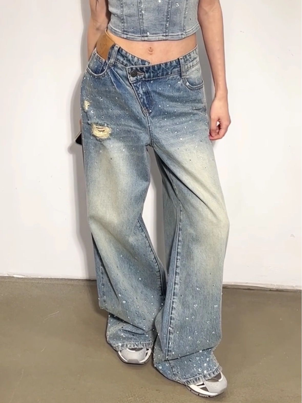 American Retro Washed Rhinestone Ripped Jeans For Women Hot Girl Design Deconstructed Dislocation Stitching Floor Length Trousers_mkmklike.com