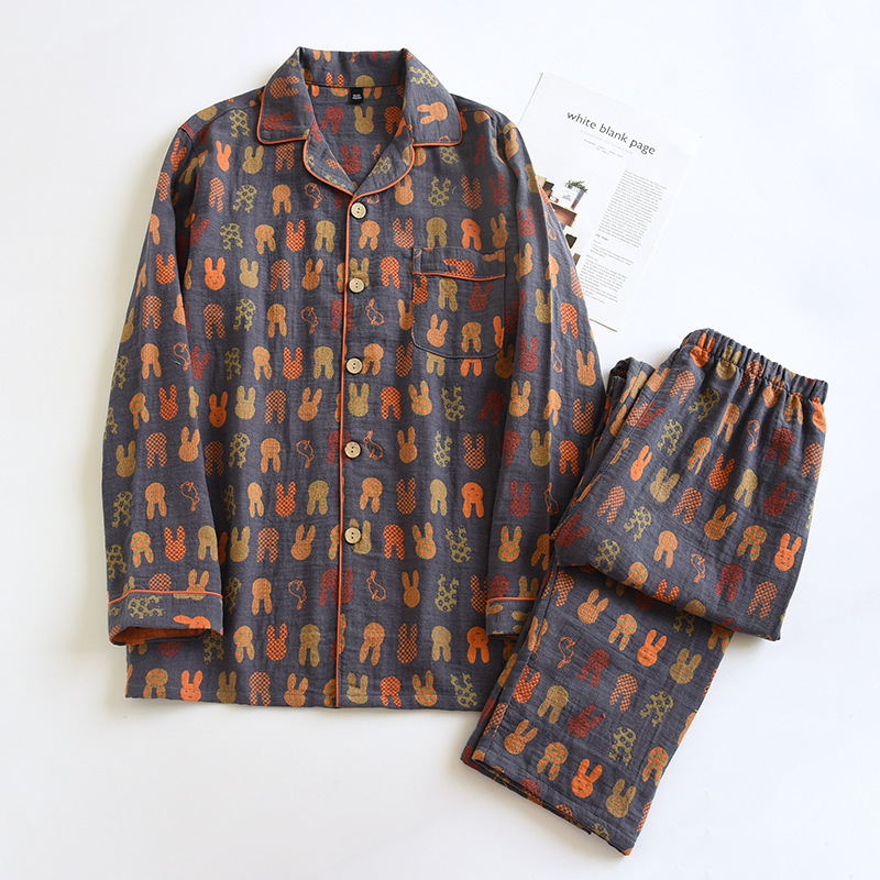 Yarn-Dyed Retro Bunny Couple Pajamas Pure Cotton Gauze Spring and Autumn Thin Home Wear Set Cartoon Women's Pajamas