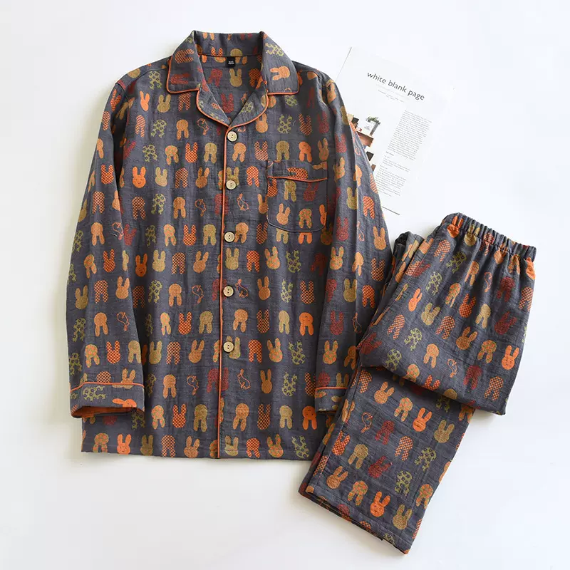 色织复古小兔情侣睡衣纯棉纱布春秋薄款家居服套装卡通女士睡衣