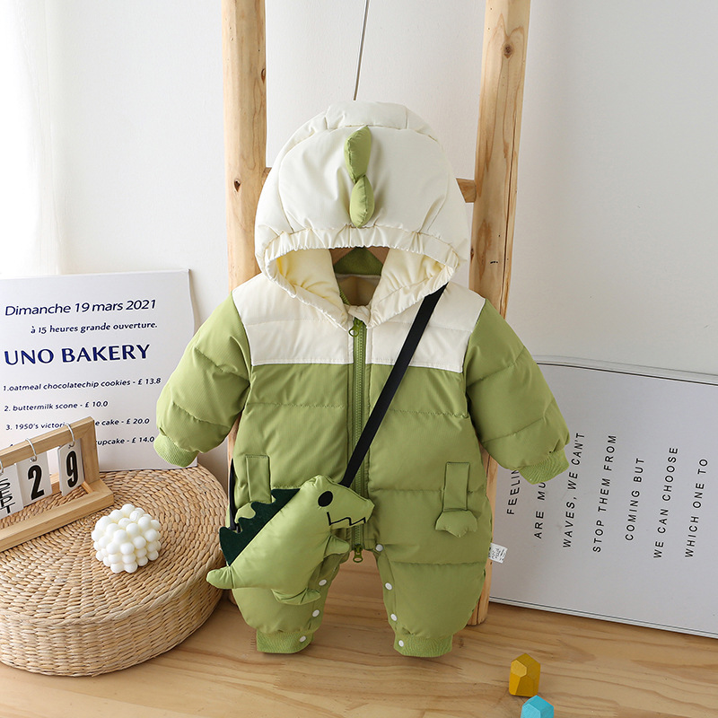 Winter New Baby Down Jacket Cartoon Dinosaur Baby Down Bodysuit 100th Day Warm Outwear