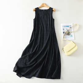 2026夏季高领袖格子大摆长裙麂皮绒通勤风街头潮人高级感连衣裙