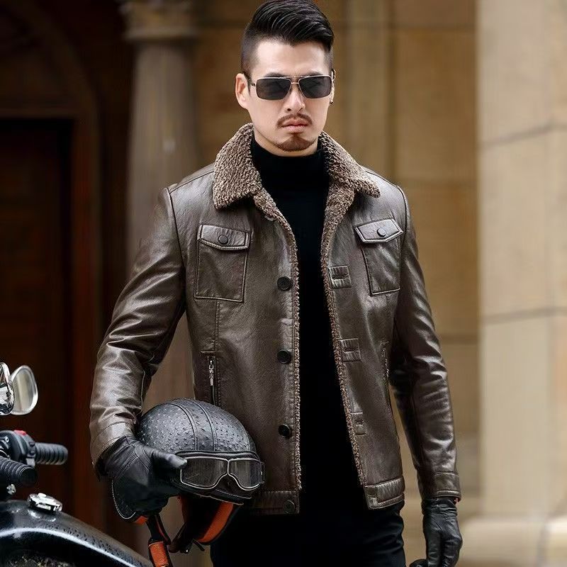 Ropa de cuero para hombres jóvenes y de mediana edad, nuevos hombres delgados, invierno más terciopelo, chaqueta de cuero cálida, chaqueta de hombre, traje de papá