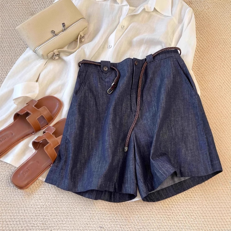 God pants, addictive somatosensory!!! dark blue Linen Jeans Women's High Waist Wide Leg Cotton Linen Shorts