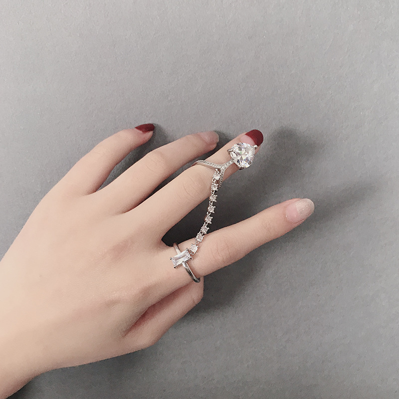 韩版2021新潮 简约气质锆石微镶链条个性网红食指关节戒指女饰品|ms