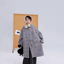 秘密花园2025男女童韩版格纹日系中长款保暖翻领秋冬纯羊毛呢大衣