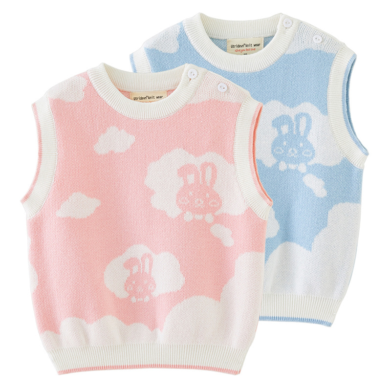 2023 primavera y otoño ropa infantil pequeño conejo blanco jacquard algodón suéter chaleco lindo estilo occidental pequeñas y medianas niñas Chaleco de punto