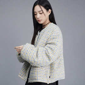 新款粗呢无领羽绒服冬季女款鸭绒慵懒风时尚高级感千鸟格轻薄外套
