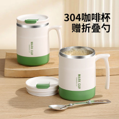 Water Cup Portable Insulated Cup 304 Stainless Steel Coffee Cup Water Bottle Home Breakfast Cup with Spoon Lid Office Mug