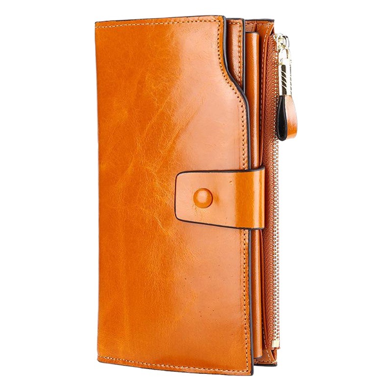 Cartera de cuero genuino transfronteriza, cartera larga para mujer, cartera multifuncional de cuero encerado con aceite antirrobo RFID, bolso de mano