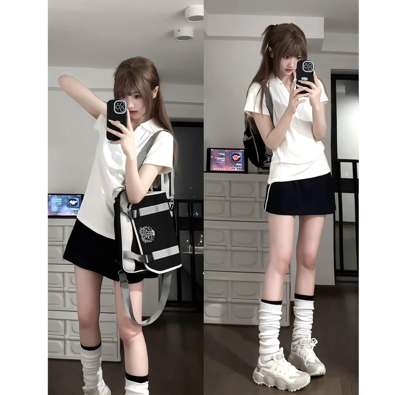 White Straight-Shoulder Top with a Stunning Design for Early Spring, Women's Miu-Style Slim-Fit Waist-Cinching Sporty Design Polo Shirt Short-Sleeve T-Shirt White Straight-Shoulder Top with a Stunning Design for Early Spring, Women's Miu-Style Slim-Fit Waist-Cinching Sporty Design Polo Shirt Short-Sleeve T-Shirt