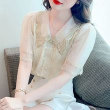 2025宫廷风短袖蕾丝衬衫女夏季新款感气质刺绣娃娃领大码女装上衣