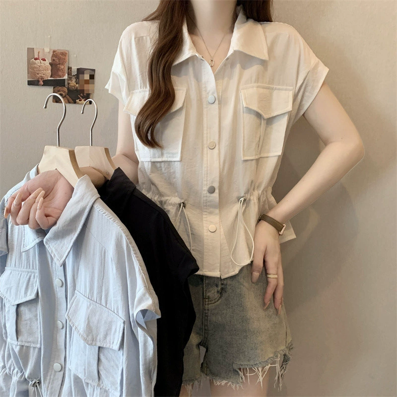 YS8 реальный снимок ~ большие размеры, летний дизайн, модная повседневная рубашка с лацканами и шнурком на талии для похудения, рабочая повседневная рубашка для женщин