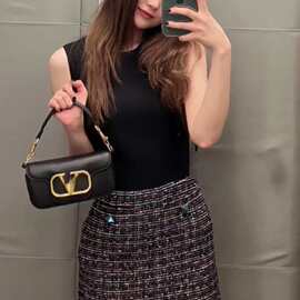 高端女士连衣裙黑色拼粗花毛呢无袖礼服金属铆钉短裙春夏秋