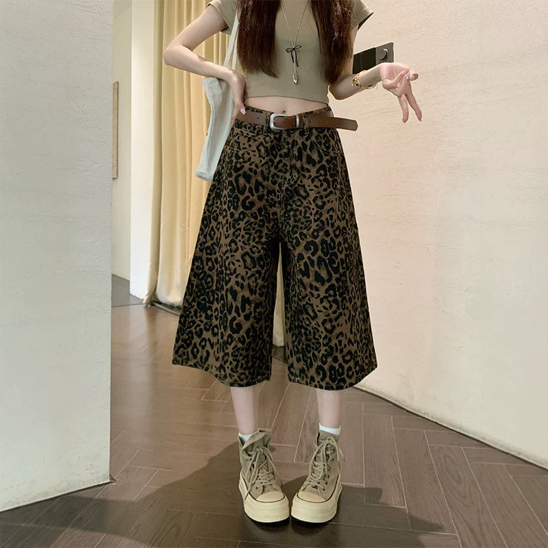 American high street retro plus-size women's summer thin leopard print slimming high-waisted loose wide-leg jeans American high street retro plus-size women's summer thin leopard print slimming high-waisted loose wide-leg jeans