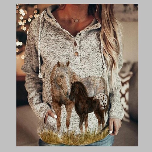 Women's Long-Sleeve Patterned Print Hooded Sweatshirt with Relaxed Urban Leisure Style, Pure Color, Fall Edition, European and American Style