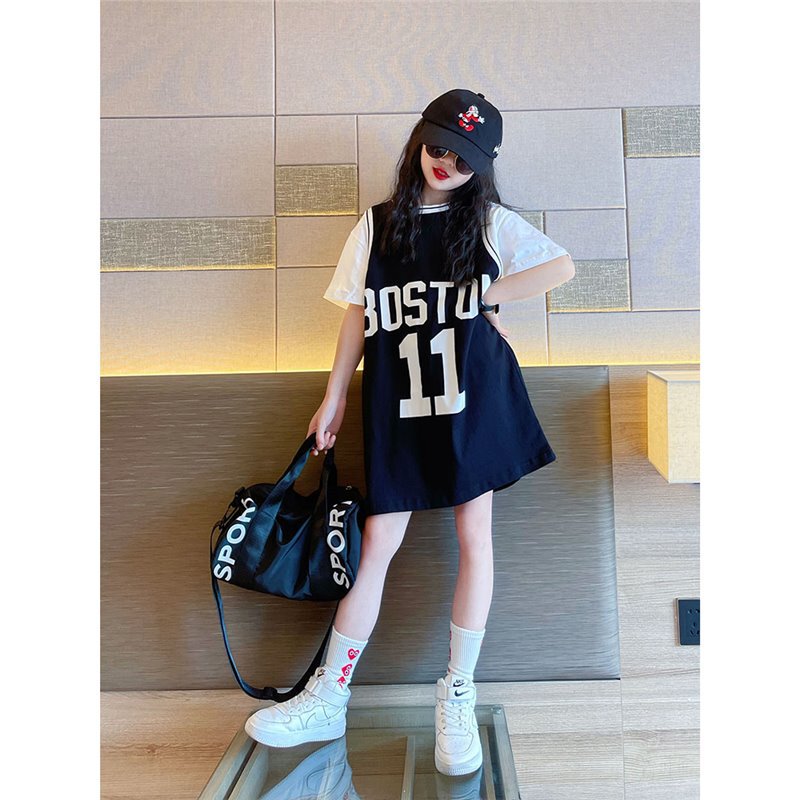 Girls Short-Sleeved T-Shirt Dress 2025 New Kidsren's Summer Mid-Length Style Internet Celebrity Big Kidsren's Street Summer Uniform