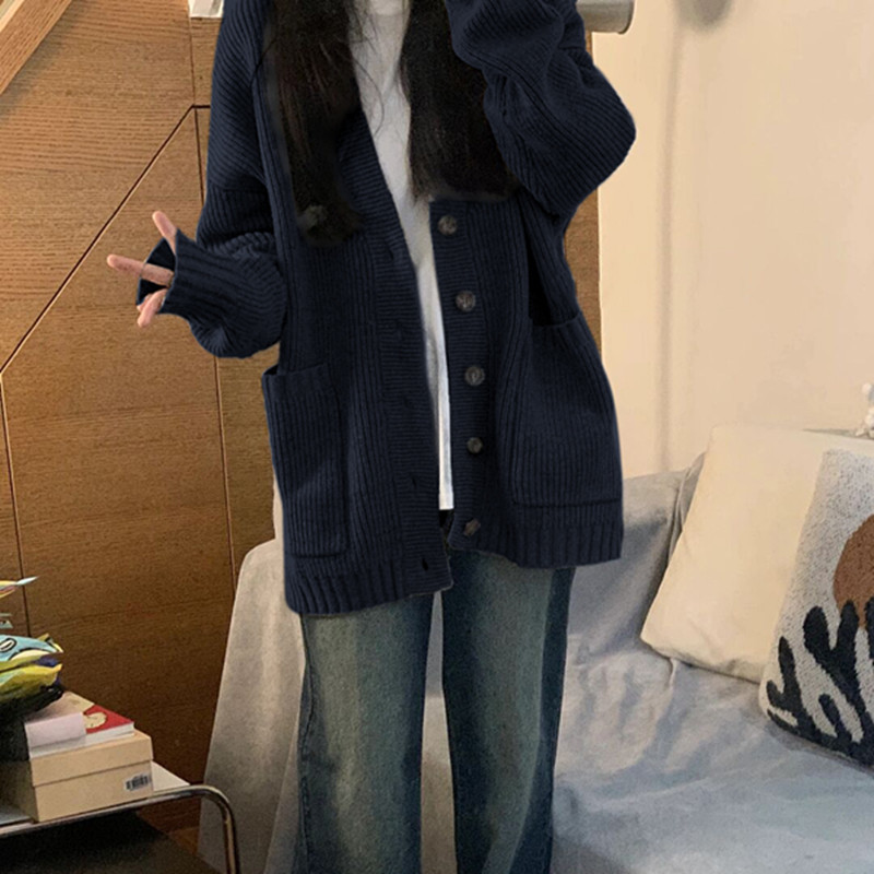 티베트어 블루 V-넥 니트 카디건 스웨터 여성 코트 2024 새로운 폭발 가을과 겨울 마일라드웨어 탑