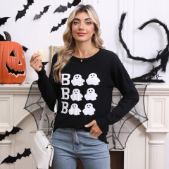 秋冬新作ヨーロッパとアメリカの女性用セーター、クロスボーダーAmazon、ハロウィン要素刺繍入りカジュアルラウンドネック長袖トップス