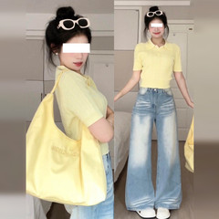 黄色正肩v领短袖t恤女夏季2025新款针织polo衫短款掐腰上衣设计感