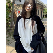 拼色插肩长袖t恤女秋季新款撞色纯棉内搭打底衫春秋宽松休闲上衣