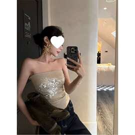 美式辣妹重工珠片美背抹胸针织衫夏季女修身显瘦外穿百搭上衣潮