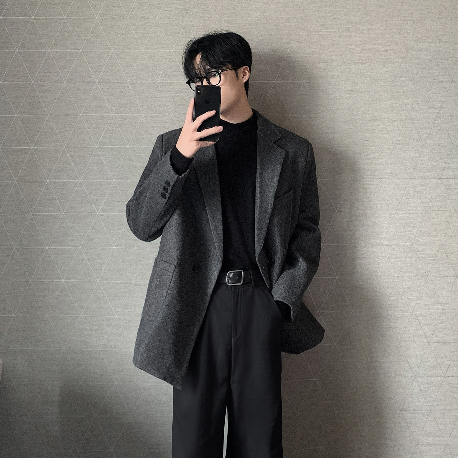 영국 유피 울 코트 세트 남성 봄과 가을 한국 스타일 세련된 브랜드 어깨 패드 세트 재킷을 입고