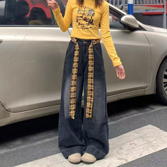 小个子高腰百搭ins蝴蝶结直筒宽松阔腿裤美式格子复古拼接牛仔裤