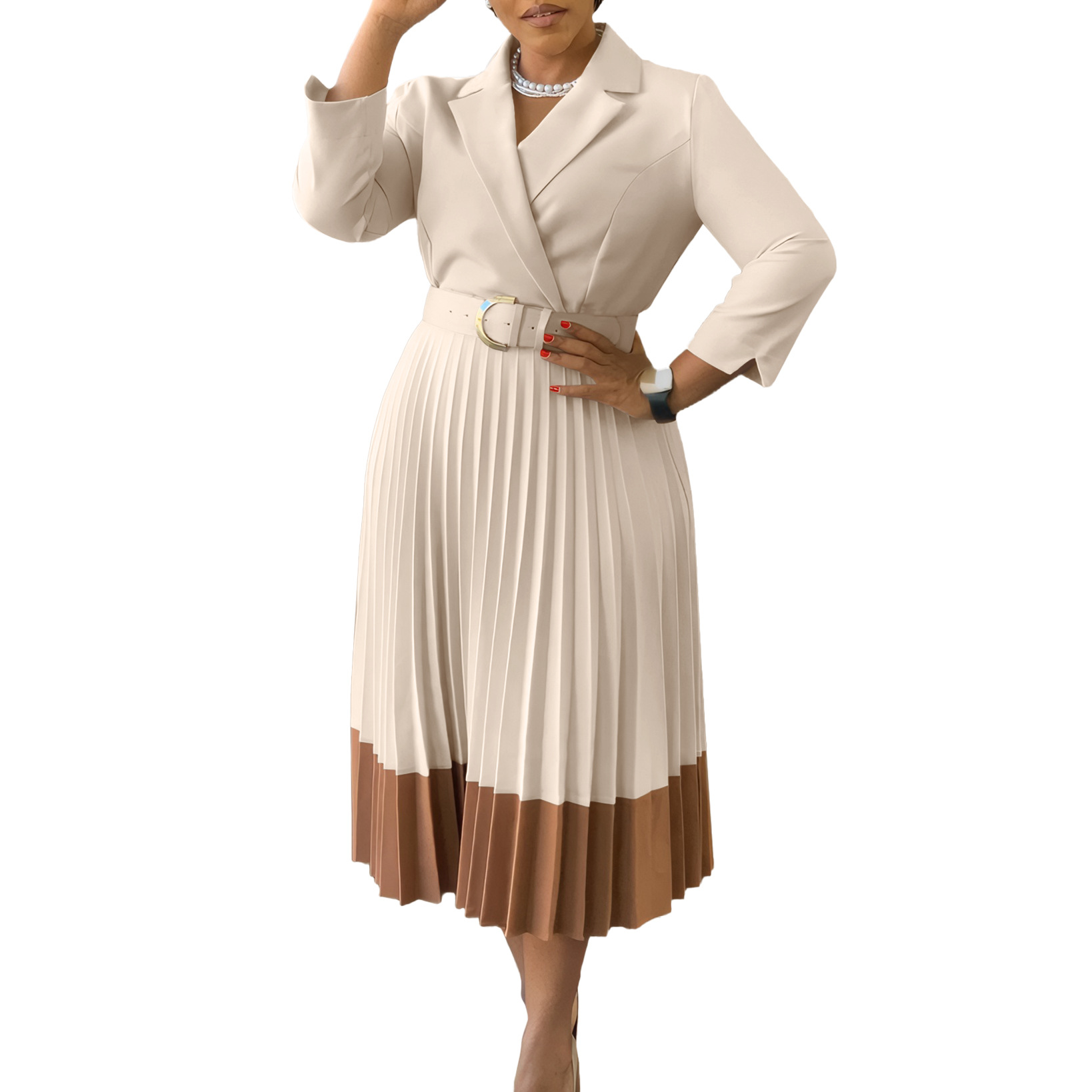 Abbigliamento da donna Autunno e inverno Moda Completo colletto elegante abito plissettato_voghion.com