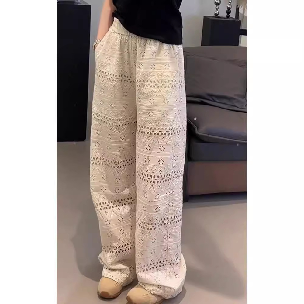 Plus Size High Waisted Lace Hollow Out Wide Leg Pants Summer Thin Loose Slimming Casual Straight Leg Pants For Women_ecoleips.com