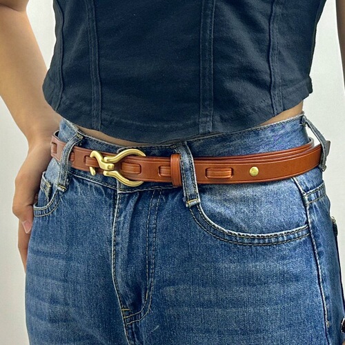 Italian retro women's trendy and versatile thin belt with copper hook genuine leather belt for women, handmade first-layer cowhide
