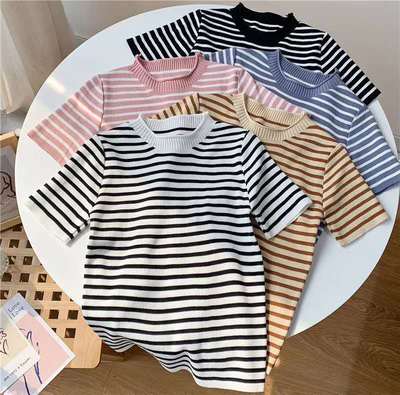 goods in stock 2021 summer new pattern Korean Edition fashion stripe fresh leisure time T-shirts Borneol knitting Short sleeved