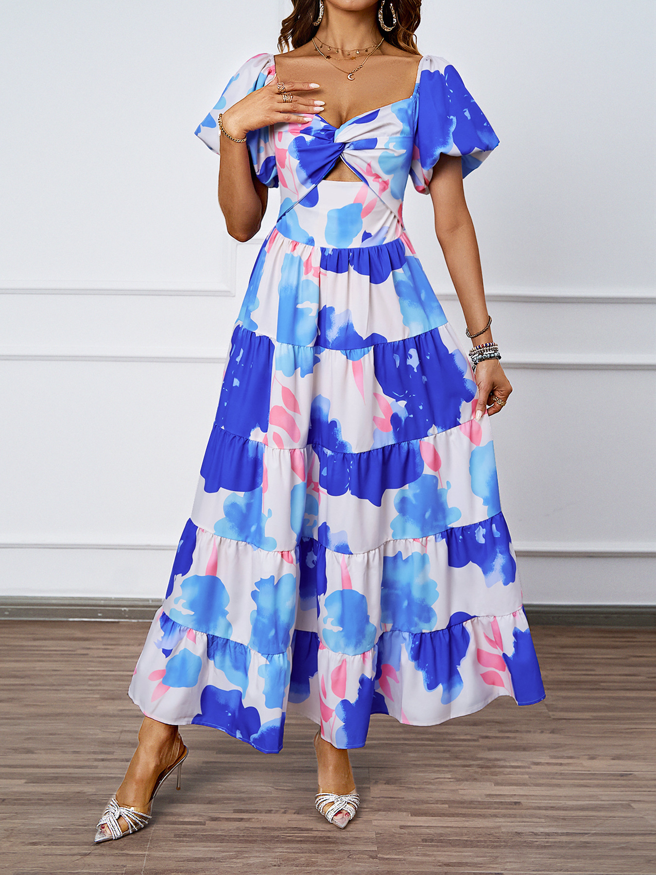 455g Weight Maxi Long Dress Dress Length Type Short Sleeve Sleeve Length Swing Dress Dresses Type Puff Sleeve Sleeve Type Polyester Fabric Type High Waist Waist Line Holiday, Daily Occasion Off Shoulder Neckline Regular Fit Fit Type Color Block, Painted Flower Pattern Summer Season Women's Gender Printing Design Elegant, Streetwear Style Wholesale Women's Elegant Streetwear Printing Color Block Painted Flower  Holiday Daily Off Shoulder Short Sleeve Swing Dress 37