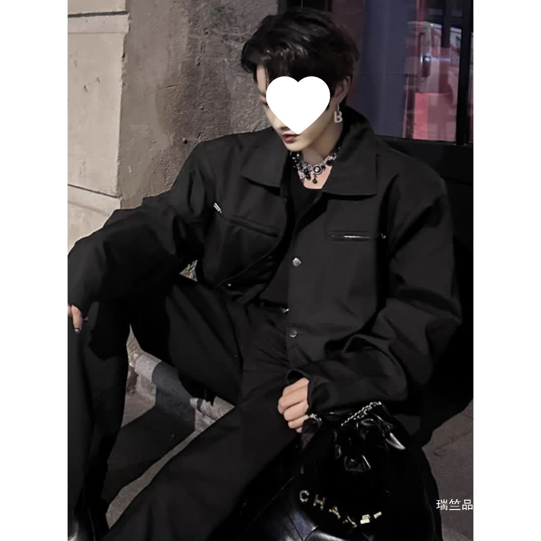 남성용 모델 착용 세트 짧은 어깨 패드 재킷 하이 엔드 느낌의 새로운 스타일 핸섬 작업 재킷 소년 멋진 핸섬 착용 3 피스 세트