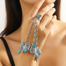 新款手链饰品金属蓝松石复古波西米亚女手链戒指一体手链舞蹈配饰