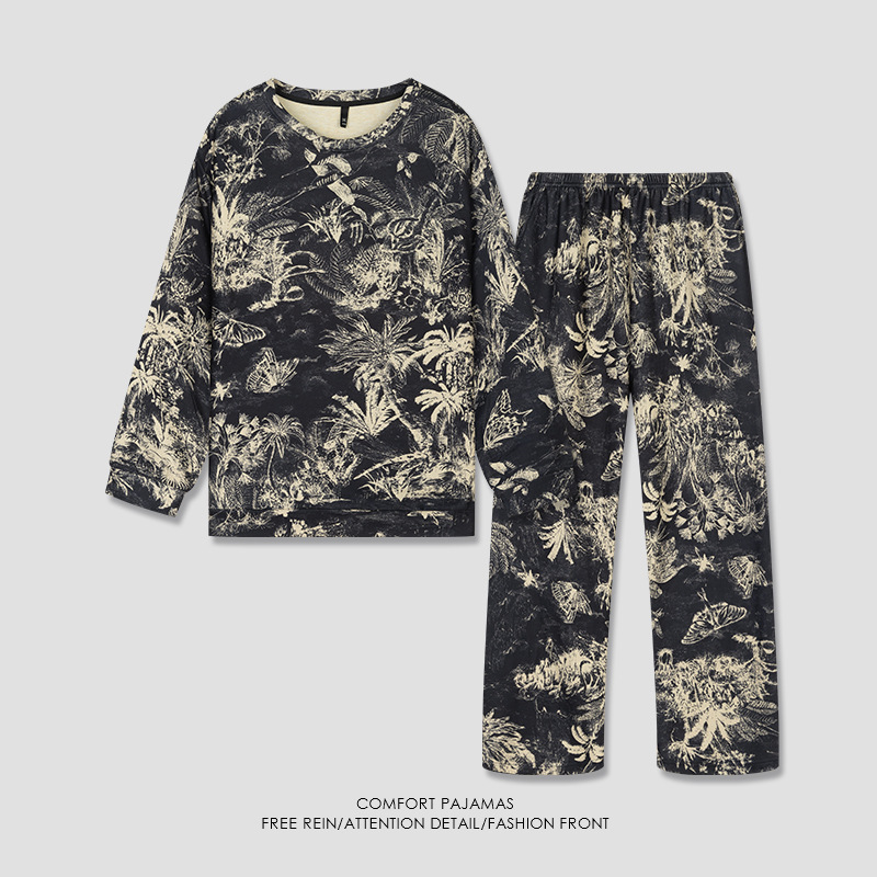 [Cashmere Temperature Locking] Autumn and Winter Men's Pajamas Wool Mulberry Silk Plus Velvet Warm German Velvet Heating Bottoming Suit