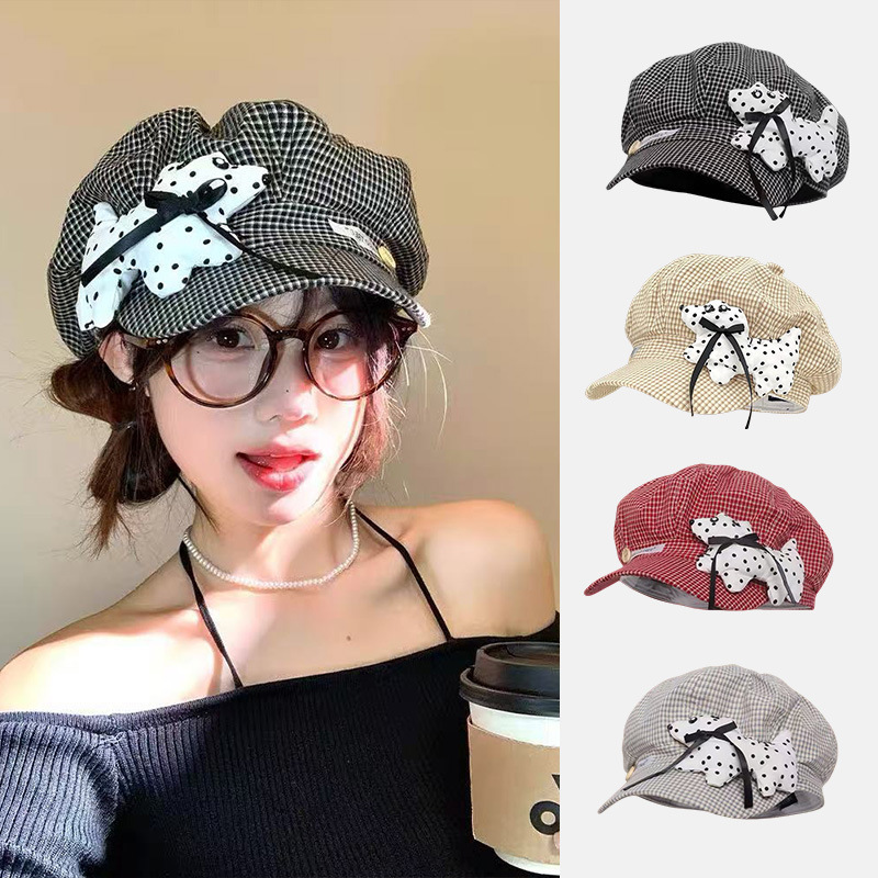 Cute Polka Dot Puppy Plaid Beret for Women Spring and Summer Thin Face-Showing Small Octagonal Hat Big Head Circumference Painter Hat